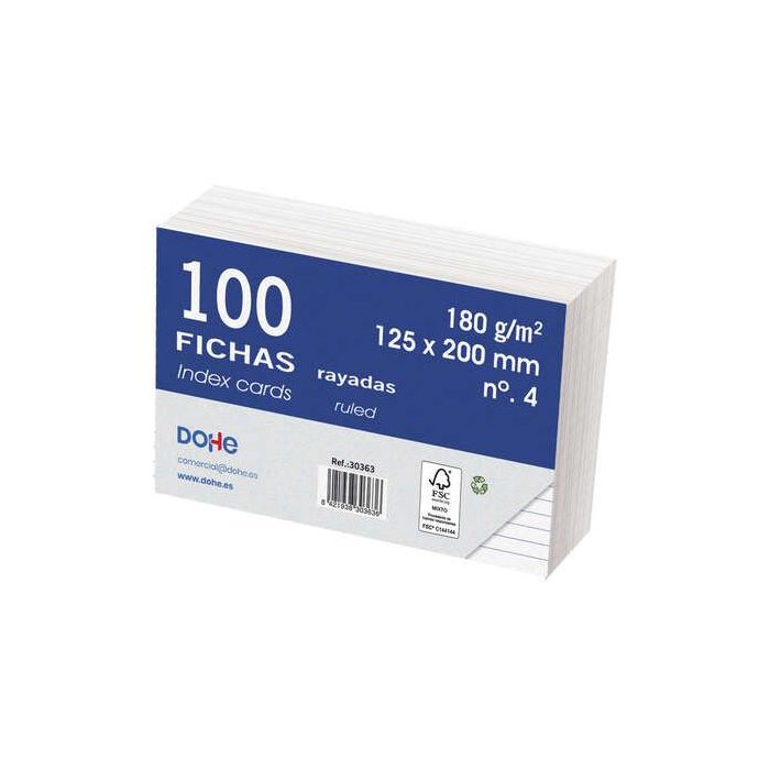 Dohe Fichas de Cartulina Offset Blanca - 180g - Rayadas - Paquete de 100 Fichas