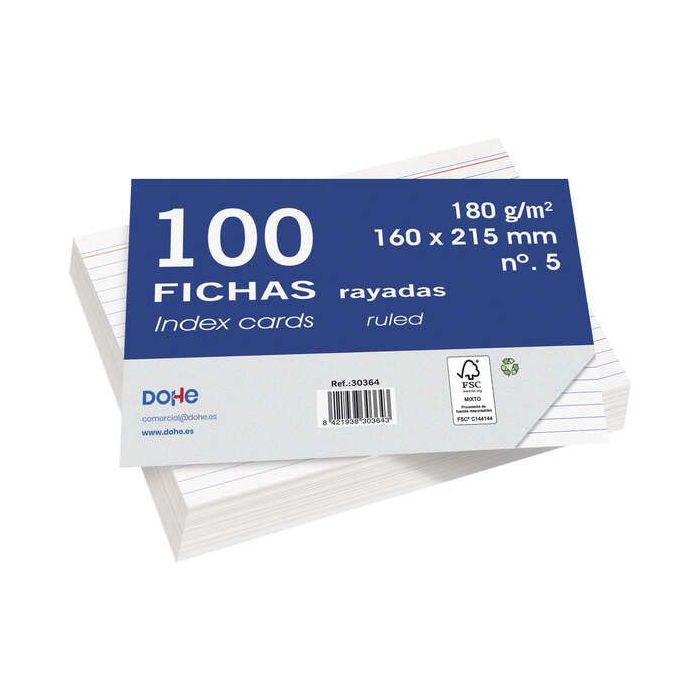 Dohe Fichas de Cartulina Offset Blanca de 180g - 100 Unidades - Rayadas