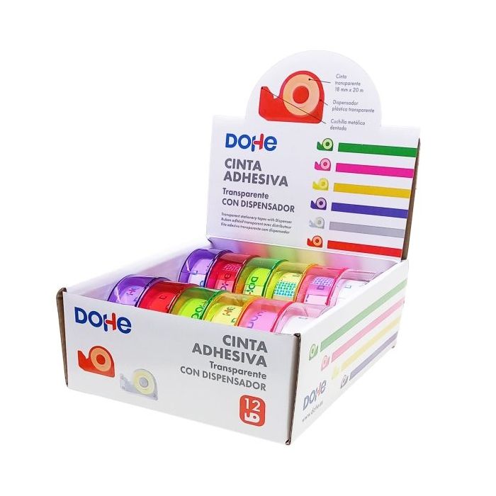 Dohe Expositor con 12 Mini Portarrollos - Cinta Adhesiva 18mm x 20m - Colores Surtidos