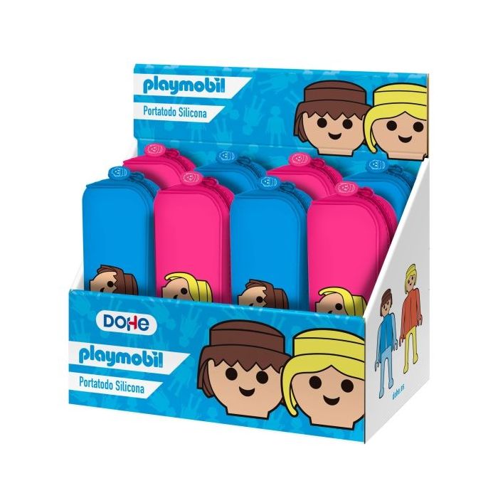 Dohe Playmobil Expositor con 8 Portatodos de Silicona - Cierre con Cremallera y Tirador de Goma - Colores Surtidos