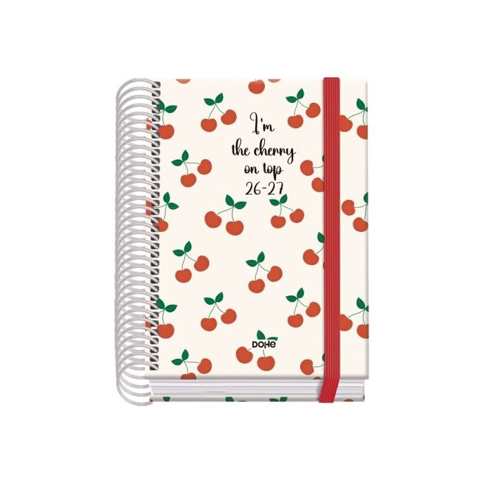 Dohe Prime Cerezas Agenda Escolar 26/27 - Formato A6 - Dia Pagina - Papel Offset Ahuesado 70g - Cubierta de Carton Plastificado