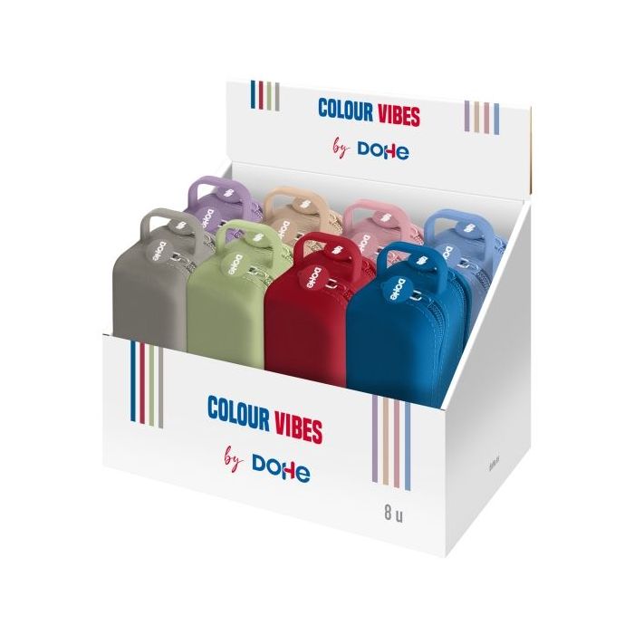 Dohe Colour Vibes Expositor con 8 Portatodo - 2 Cremalleras - Tirador de Goma - Silicona de Tacto Suave - Asa Lateral - Colores
