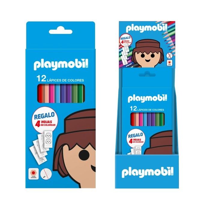 Dohe Playmobil Expositor con 12 Packs de 12 Lapices de Colores - Incluye 4 Hojas para Colorear en cada Pack - Mina de 2.8mm - Fo