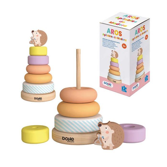 Dohe Juego Educativo de Aros Apilables de Madera Natural - Bordes Redondos - Varilla de Seguridad - Estimula la Coordinacion Ojo