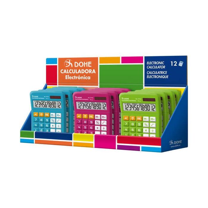 Dohe Expositor de 12 Calculadoras - Alimentacion Solar y a Pilas - 12 Digitos - Teclas de Memoria - Colores Surtidos