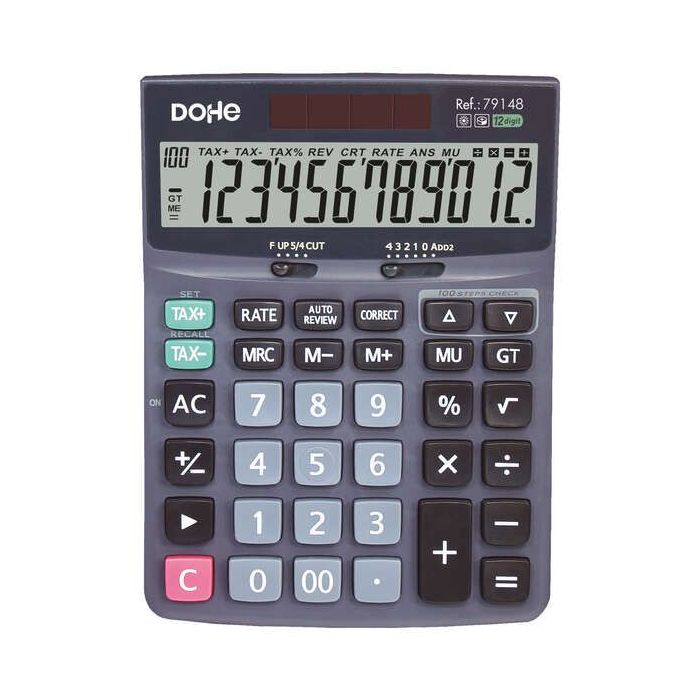Dohe Calculadora Electronica de Sobremesa - Pantalla LCD de 12 Digitos - Alimentacion Solar y a Pilas - Teclas de Gran Tamaño