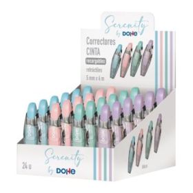 Dohe Serenity Expositor con 24 Cintas Correctoras - 5mm x 6m - Pulsador Retractil - Recargable - Cuerpo Ergonomico - Colores Sur
