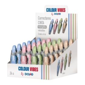 Dohe Colour Vibes Expositor con 24 Recambios de Cinta Correctora - 5mm x 6m - Retractil - Colores Surtidos