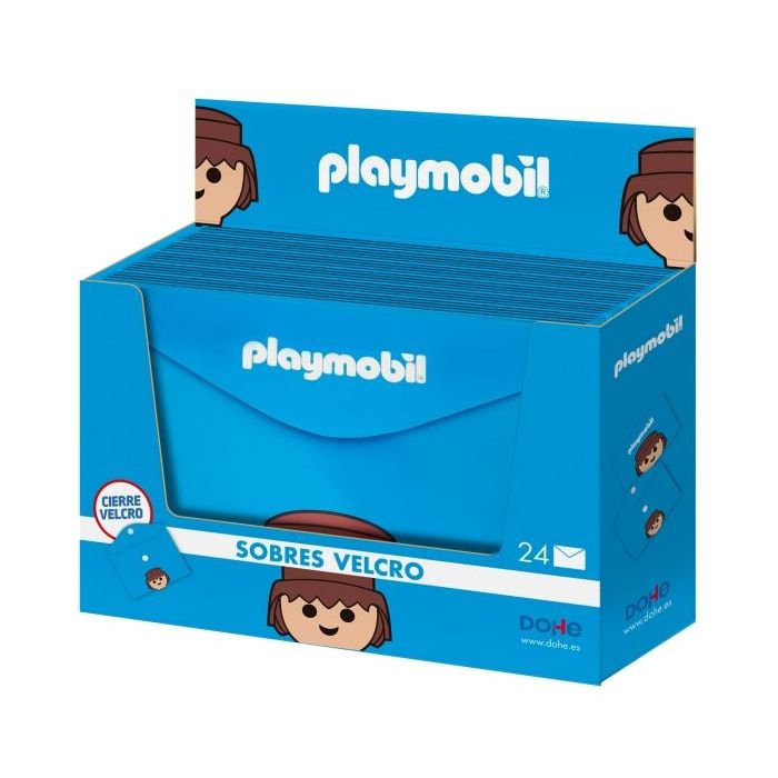 Dohe Playmobil Expositor con 24 Sobres Portadocumentos Folio - Cierre de Velcro - Polipropileno Opaco 200 Micras - Color Azul