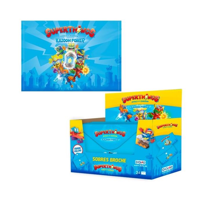 Dohe Superthings Expositor con 24 Sobres - Formato Apaisado - Polipropileno de 200 micras - Velcro - Color Azul