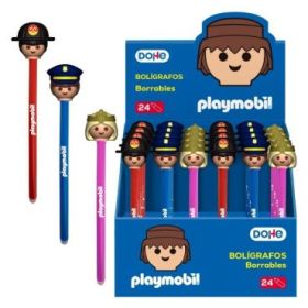 Dohe Playmobil Expositor de 24 Boligrafos Borrables - Punta 1mm, Trazo 0.5mm - Decorados Playmobil Policia, Bombero y Princesa-