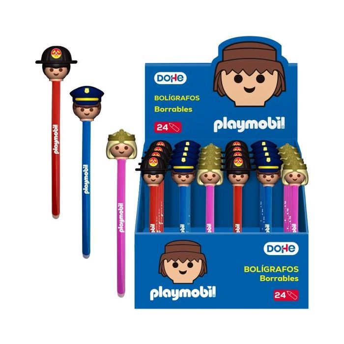 Dohe Playmobil Expositor de 24 Boligrafos Borrables - Punta 1mm, Trazo 0.5mm - Decorados Playmobil Policia, Bombero y Princesa-