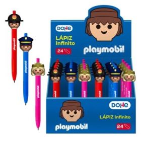 Dohe Playmobil Expositor con 24 Lapices Infinitos - Grip de Caucho - Se Borra Facilmente - Decorados Playmobil Policia, Bombero