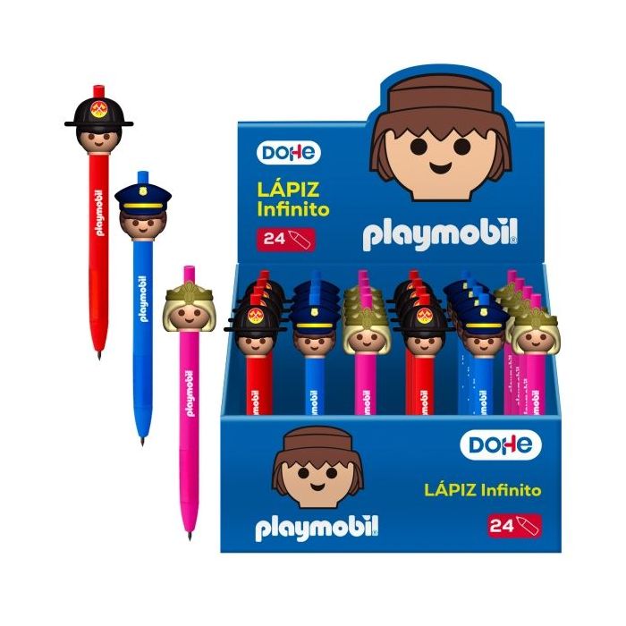 Dohe Playmobil Expositor con 24 Lapices Infinitos - Grip de Caucho - Se Borra Facilmente - Decorados Playmobil Policia, Bombero