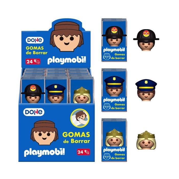 Dohe Playmobil Expositor de 24 Gomas de Borrar - Fabricadas en PVC - Decoradas Playmobil Policia, Bombero y Princesa