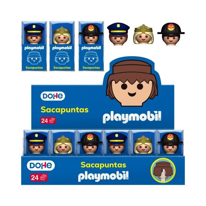 Dohe Playmobil Expositor con 24 Sacapuntas de 1 Orificio y Cuchilla de Acero - Decorados Playmobil Policia, Bombero y Princesa