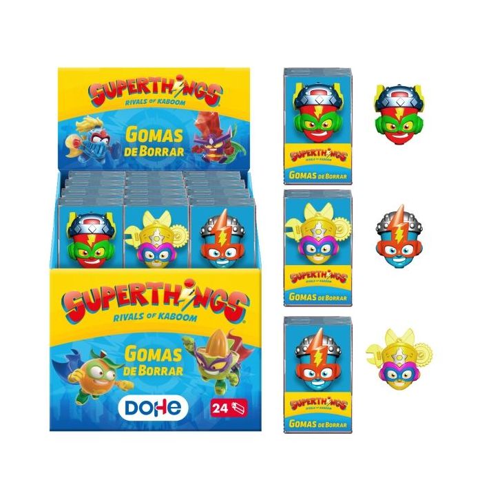 Dohe Superthings Expositor con 24 Gomas de Borrar - Fabricadas en PVC - Resistente - Formas Surtidas