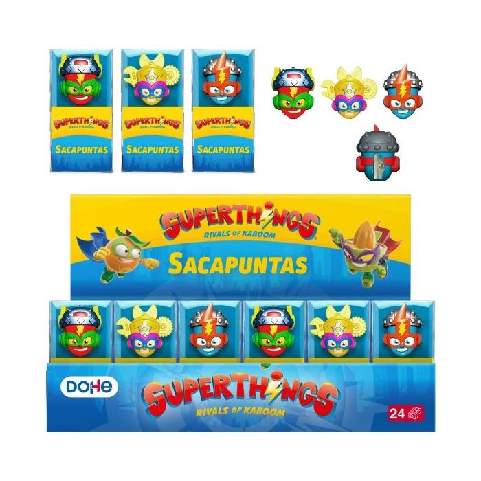 Dohe Superthings Expositor con 24 Sacapuntas - PVC - Cuchilla de Acero - Formas Surtidas