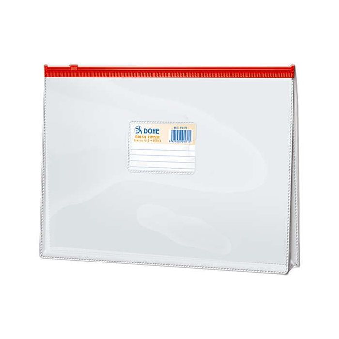 Dohe Bolsa Zipper Folio Apaisado PVC Transparente 150 Micras - Apertura Superior - Cierre Zip Hermetico en Color Rojo