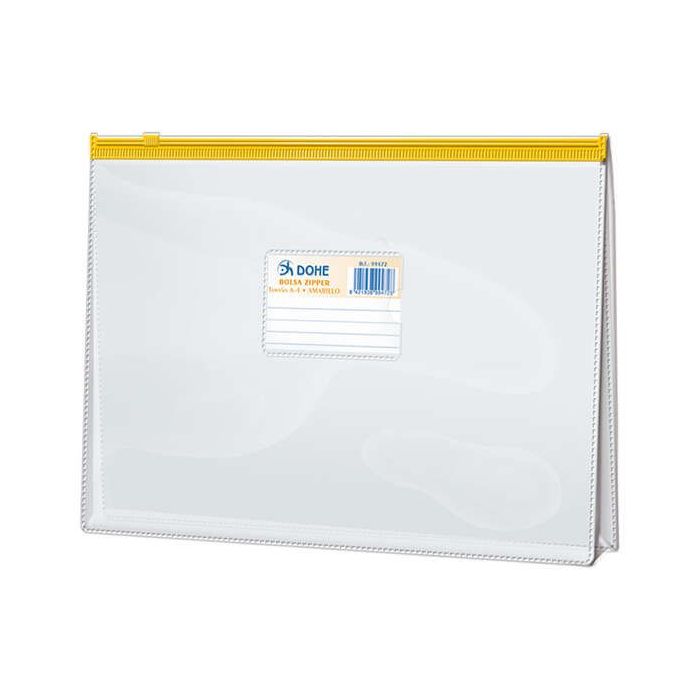 Dohe Bolsa Zipper Folio Apaisado PVC Transparente 150 Micras - Apertura Superior - Cierre Zip Hermetico en Color Amarillo
