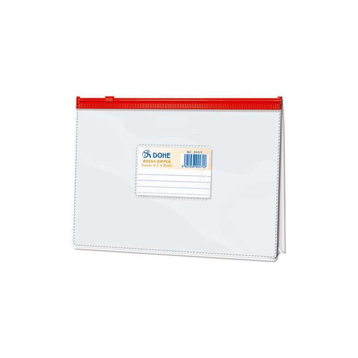 Dohe Bolsa Zipper Apaisada PVC Transparente 200 Micras - Tamaño A5 - Apertura Superior - Cierre Zip Hermetico