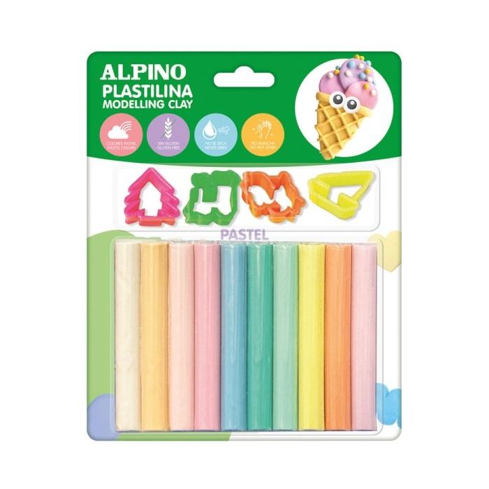 Alpino Pack con 10 Barras de Plastilina 17gr + 4 Moldes - Muy Flexible - Pueden Mezclarse - Sin Gluten - Colores Pastel Surtidos