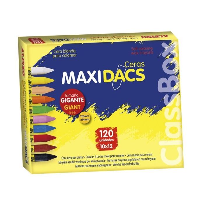 Alpino Maxidacs Economy Pack con 120 Ceras Blandas para Niños - Tamaño Extra Grande 120mm x 14mm - Etiqueta Anti-Manchas - Ideal