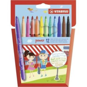 Stabilo Power Pack con 12 Rotuladores de Colores - Punta Media de 2mm - Tinta Lavable - Capuchon Ventilado - Colores Surtidos