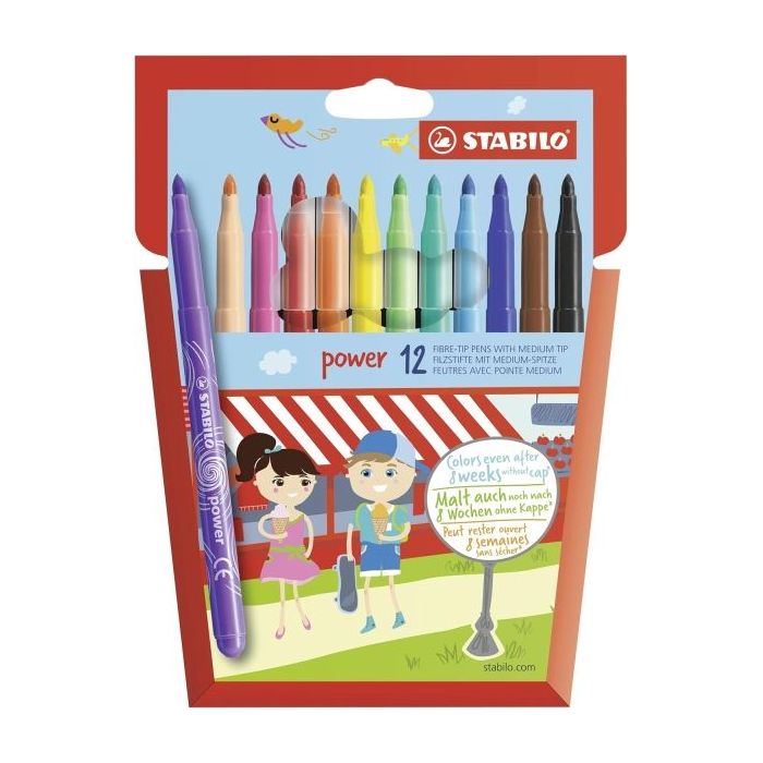 Stabilo Power Pack con 12 Rotuladores de Colores - Punta Media de 2mm - Tinta Lavable - Capuchon Ventilado - Colores Surtidos