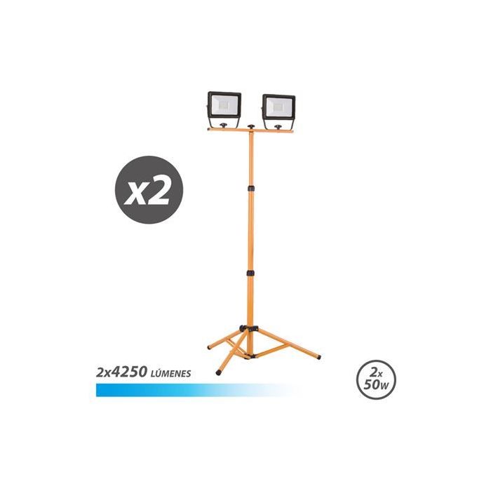 Elbat Foco LED con Tripode 2 x 50W - 4250 Lumenes - 6500K Luz Fria - Cable de 3m - IP65 para Uso en Exterior
