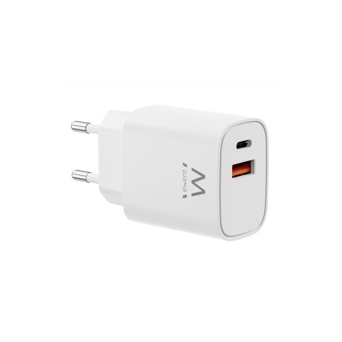 Ewent EW1326 Cargador GaN 30W - 1xUSB-C PD3.0 QC3.0 - 1xUSB-A QC3.0 - Color Blanco