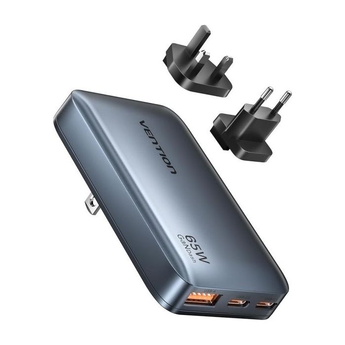 Vention Cargador de Pared - Ultra Slim - 65W - GaN - Enchufes EU y UK Intercambiables - 2xUSB-C - USB-A - Carga Rapida - Color G