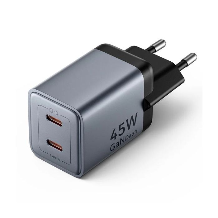 Vention Cargador de Pared - 45W - GaN - 2xUSB-C - Power Delivery 3.0 - Qualcomm 3.0 - Carga Rapida - Color Gris