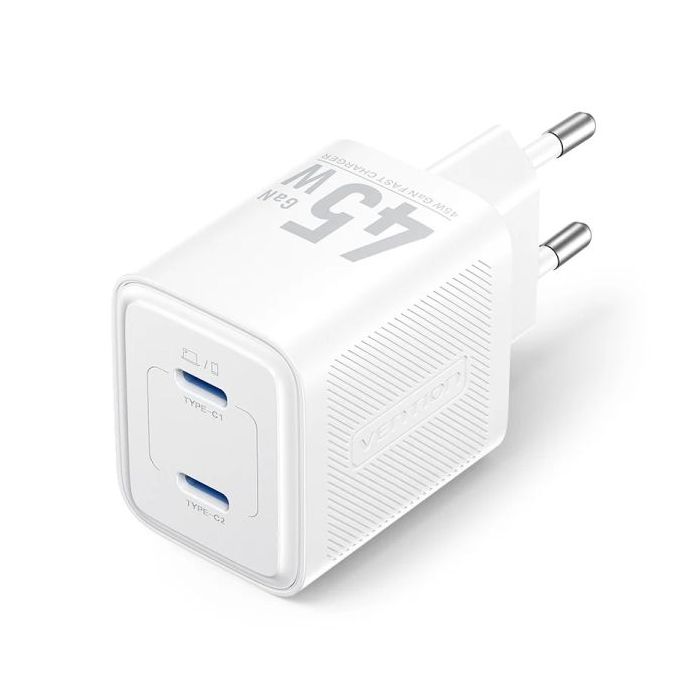 Vention Cargador de Pared - 45W - GaN - 2xUSB-C - Power Delivery 3.0 - Qualcomm 3.0 - Color Blanco