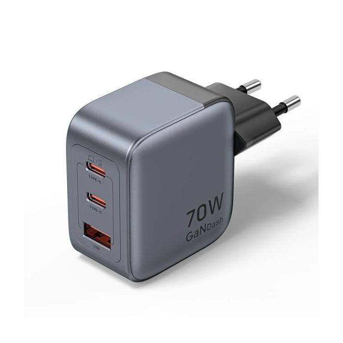 Vention Cargador de Pared - 70W - GaN - 2xUSB-C - USB-A - Carga Rapida - Tecnologia PPS - Color Gris