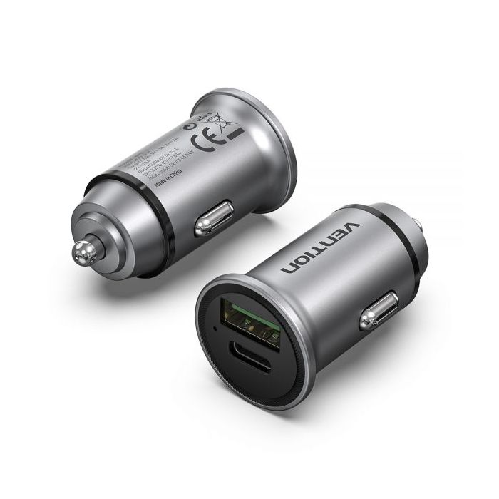 Vention Cargador de Coche 20W 2xUSB (A+C) QC4.0 3.4A - Diseño Mini - Aluminio Gris