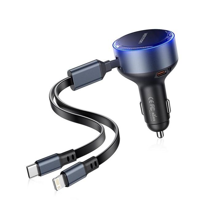 Vention Cargador de Coche 30W - USB-C Macho, USB-C Hembra, Lightning - Carga Rápida - Color Negro