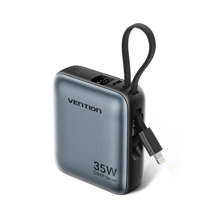 Vention Mini Powerbank de 10000mAh - Potencia de Salida hasta 35W - Cable USB-C y Lightning Integrado - Pantalla Digital - Color