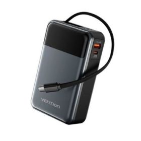 Vention Powerbank de 20000mAh - Potencia de Salida hasta 65W - Cable USB-C Integrado - USB-C - USB-A - Pantalla LED - Color Negr