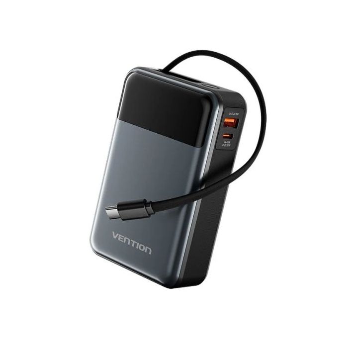 Vention Powerbank de 20000mAh - Potencia de Salida hasta 65W - Cable USB-C Integrado - USB-C - USB-A - Pantalla LED - Color Negr