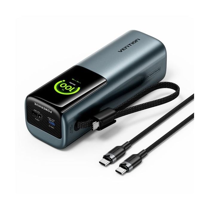 Vention Powerbank de 20000mAh - Potencia de Salida hasta 165W - Cable USB-C Integrado - Power Delivery - USB-A - USB-C - Pantall