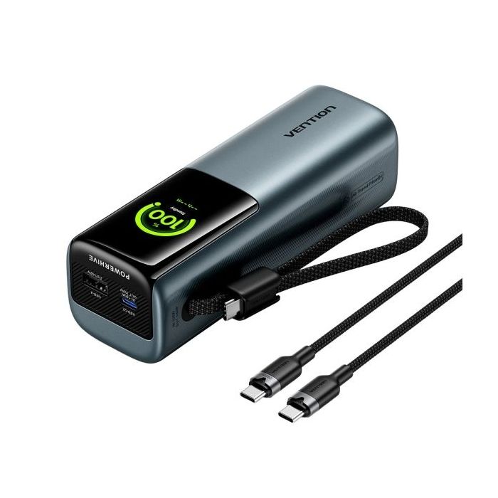 Vention Powerbank de 27000mAh - Potencia de Salida hasta 200W - Cable USB-C Integrado - Power Delivery - USB-A - USB-C - Pantall