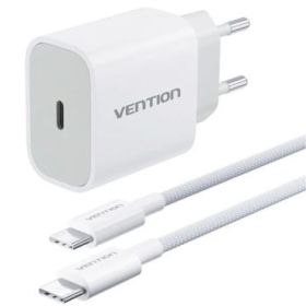 Vention Cargador de Pared - 20W - Cable de 1m Incluido - Chaqueta Trenzada de Algodon y TPE - USB-C - Carga Rapida - Color Blanc
