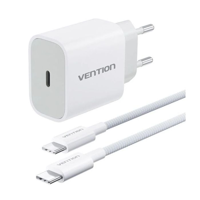 Vention Cargador de Pared - 20W - Cable de 1m Incluido - Chaqueta Trenzada de Algodon y TPE - USB-C - Carga Rapida - Color Blanc