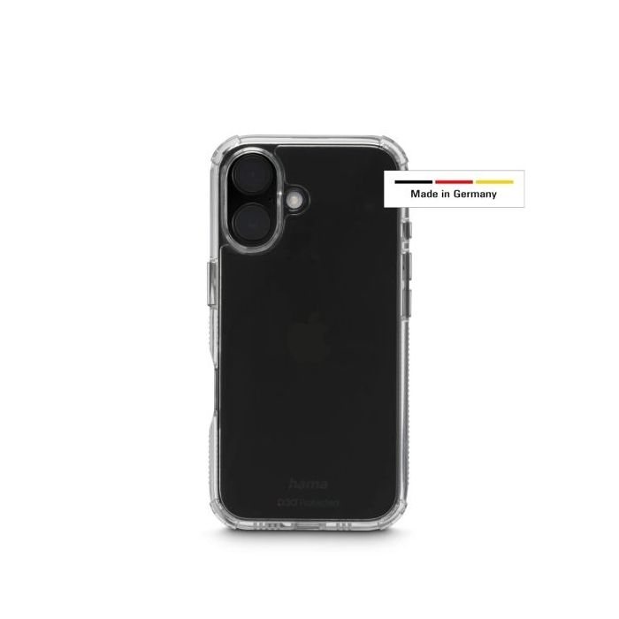 Hama Extreme Protect Funda para iPhone 16 - Antideslizante - Policarbonato - Proteccion D3O - Bordes Elevados - Color Transparen