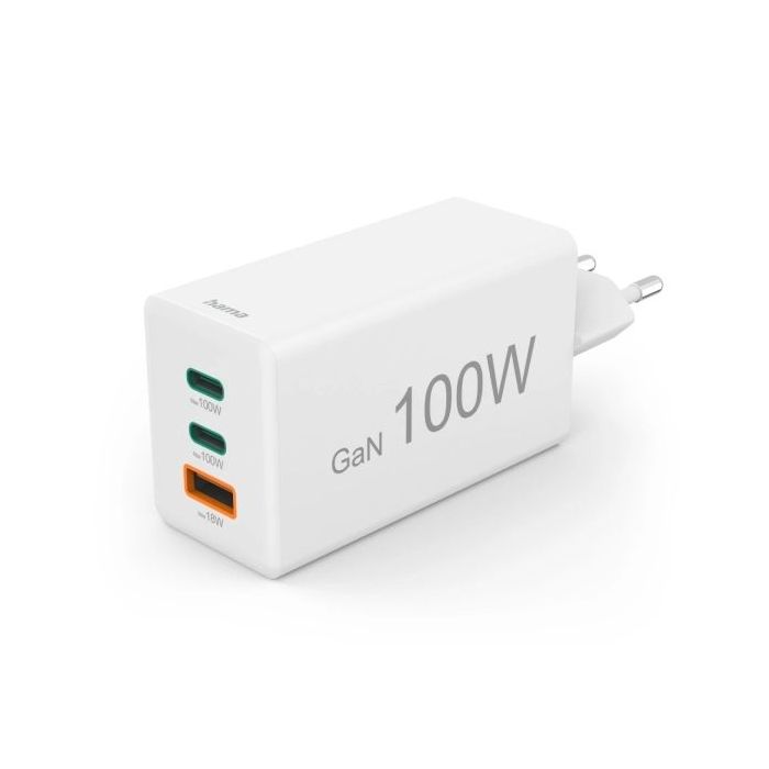 Hama Cargador de Pared - Potencia 100W - 2x USB-C - USB-A - Power Delivery - Qualcomm - GaN - Color Blanco