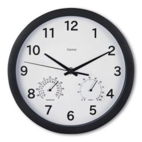 Hama Malta Reloj de Pared Analogico - Termometro - Higrometro - Silencioso - Funciona con 1 Pila AA - 25x4cm - Color Negro