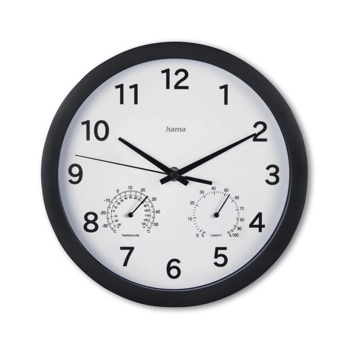 Hama Malta Reloj de Pared Analogico - Termometro - Higrometro - Silencioso - Funciona con 1 Pila AA - 25x4cm - Color Negro