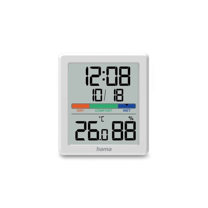 Hama Paros Medidor de Temperatura y Humedad para Interior - Pantalla Digital - Reloj - Precision 1ºC - Indicador de Confort - Pe
