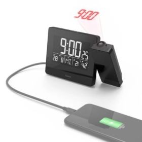 Hama Plus Charge Reloj Despertador Digital con Proyector - Termometro - Higrometro - Funcion de Carga USB-A - Radio - 15x4.5x9.5